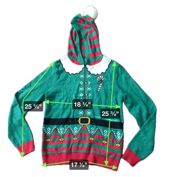 Ugly Christmas Sweater - Hooded Elf w/Pom Pom  (Medium) - Picture 5 of 9